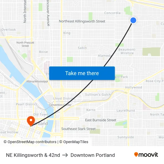 NE Killingsworth & 42nd to Downtown Portland map