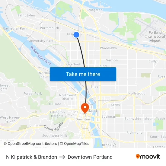N Kilpatrick & Brandon to Downtown Portland map