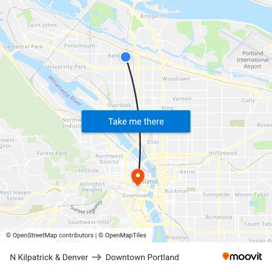 N Kilpatrick & Denver to Downtown Portland map