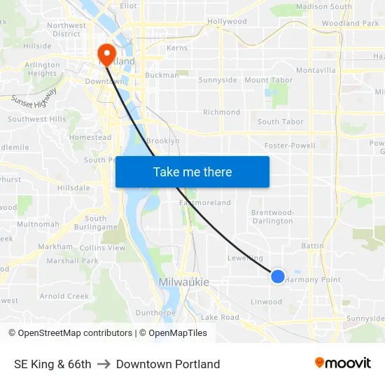 SE King & 66th to Downtown Portland map
