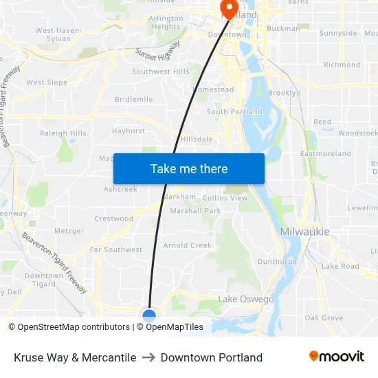 Kruse Way & Mercantile to Downtown Portland map