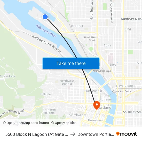 5500 Block N Lagoon (At Gate 18) to Downtown Portland map