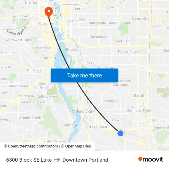 6300 Block SE Lake to Downtown Portland map
