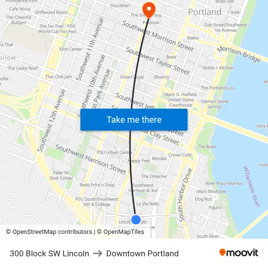 300 Block SW Lincoln to Downtown Portland map