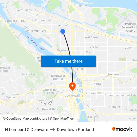 N Lombard & Delaware to Downtown Portland map