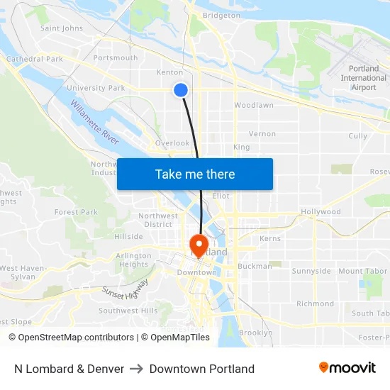 N Lombard & Denver to Downtown Portland map