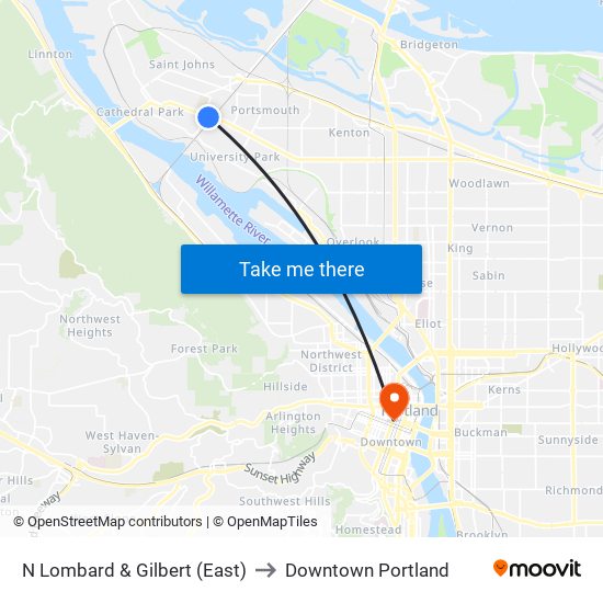 N Lombard & Gilbert (East) to Downtown Portland map