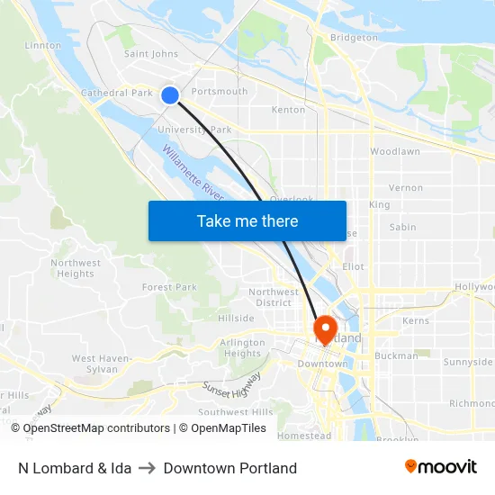 N Lombard & Ida to Downtown Portland map