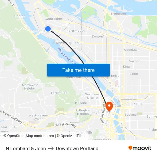 N Lombard & John to Downtown Portland map