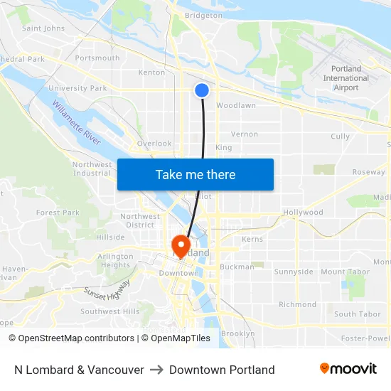 N Lombard & Vancouver to Downtown Portland map