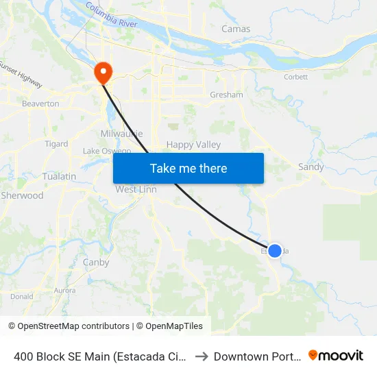 400 Block SE Main (Estacada City Hall) to Downtown Portland map