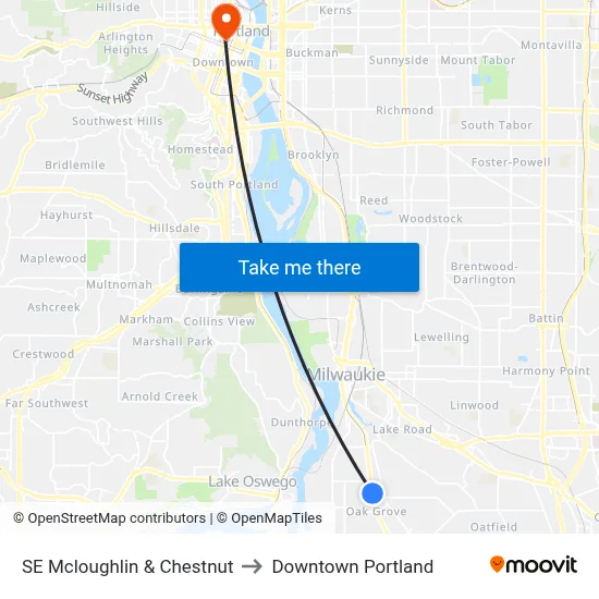 SE Mcloughlin & Chestnut to Downtown Portland map