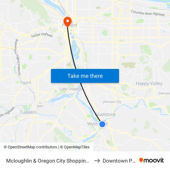 Mcloughlin & Oregon City Shopping Center (North) to Downtown Portland map