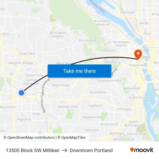 13500 Block SW Millikan to Downtown Portland map