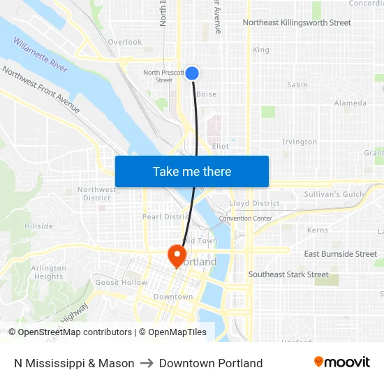 N Mississippi & Mason to Downtown Portland map