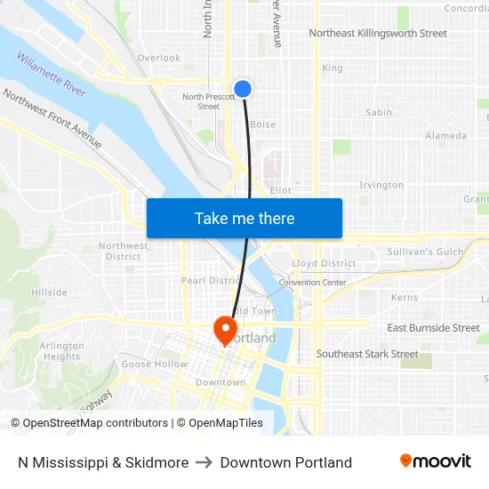 N Mississippi & Skidmore to Downtown Portland map