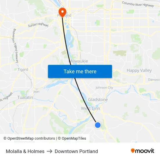 Molalla & Holmes to Downtown Portland map