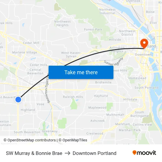 SW Murray & Bonnie Brae to Downtown Portland map