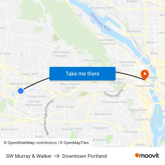 SW Murray & Walker to Downtown Portland map