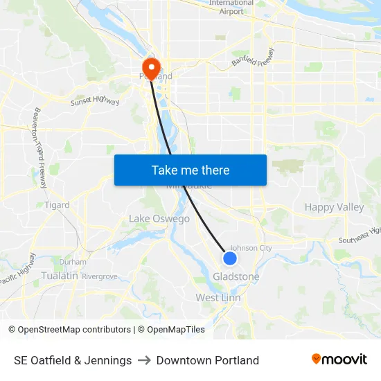 SE Oatfield & Jennings to Downtown Portland map