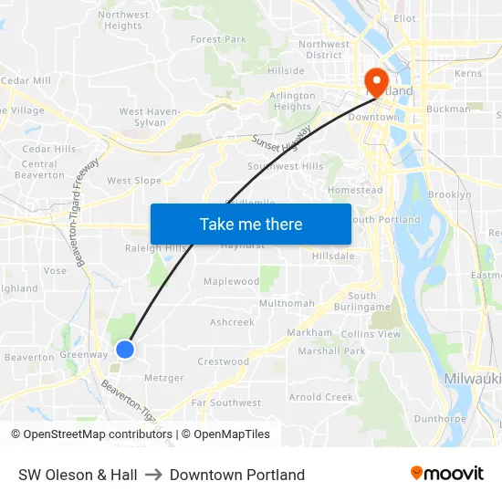 SW Oleson & Hall to Downtown Portland map
