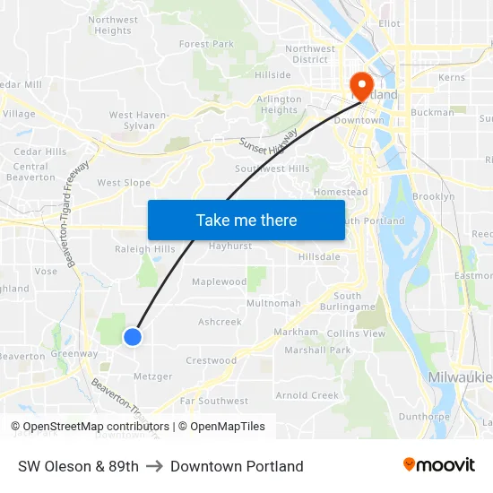 SW Oleson & 89th to Downtown Portland map