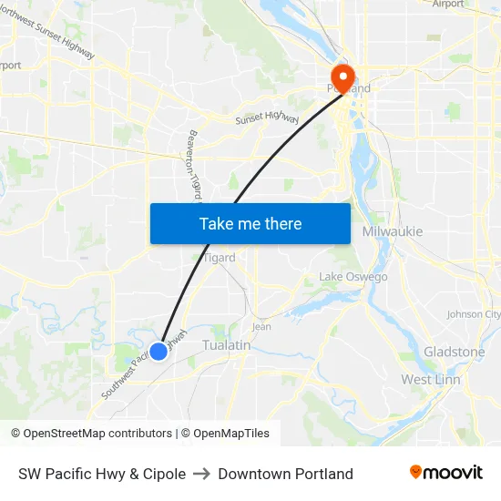 SW Pacific Hwy & Cipole to Downtown Portland map