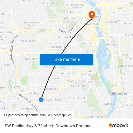 SW Pacific Hwy & 72nd to Downtown Portland map