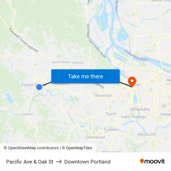Pacific Ave & Oak St to Downtown Portland map
