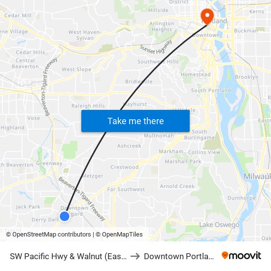 SW Pacific Hwy & Walnut (East) to Downtown Portland map