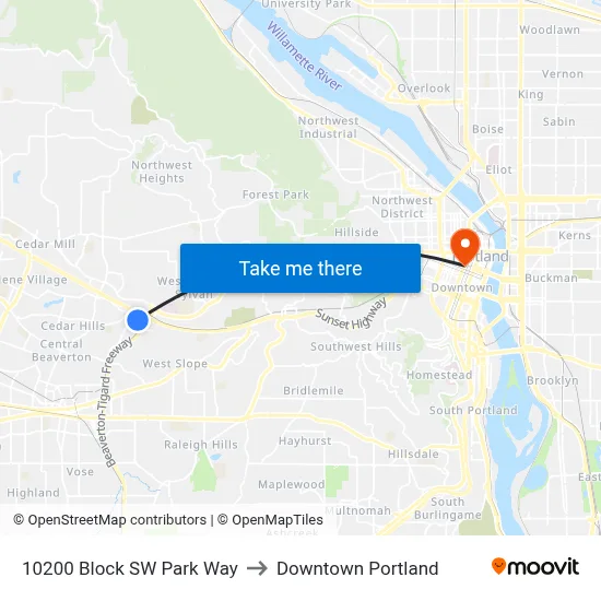 10200 Block SW Park Way to Downtown Portland map