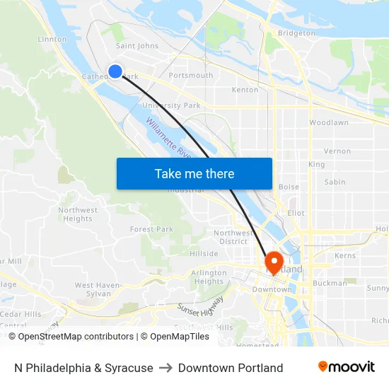 N Philadelphia & Syracuse to Downtown Portland map