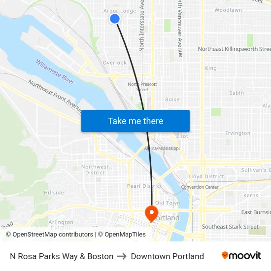 N Rosa Parks Way & Boston to Downtown Portland map