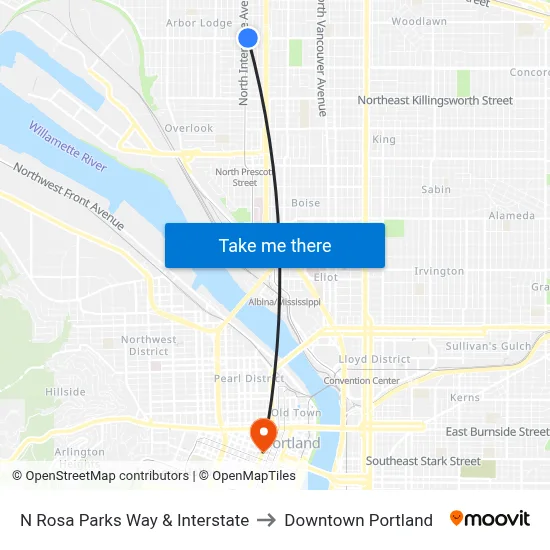 N Rosa Parks Way & Interstate to Downtown Portland map