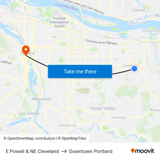 E Powell & NE Cleveland to Downtown Portland map