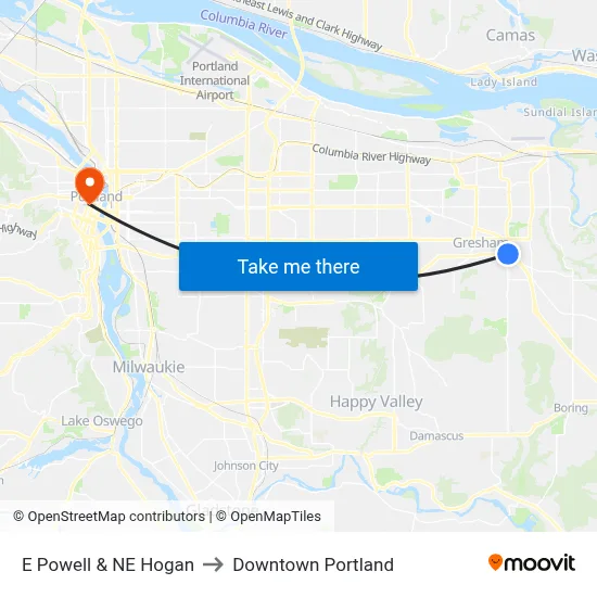 E Powell & NE Hogan to Downtown Portland map