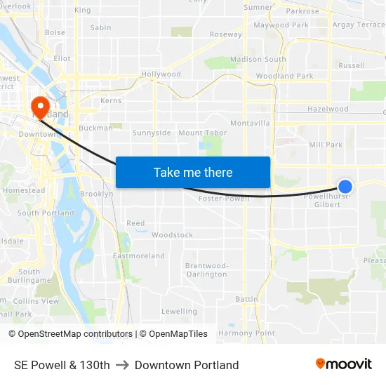 SE Powell & 130th to Downtown Portland map