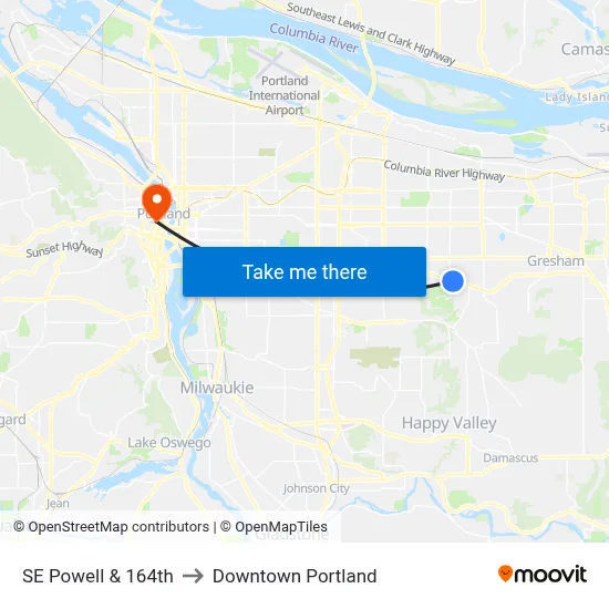 SE Powell & 164th to Downtown Portland map