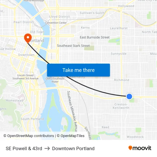 SE Powell & 43rd to Downtown Portland map