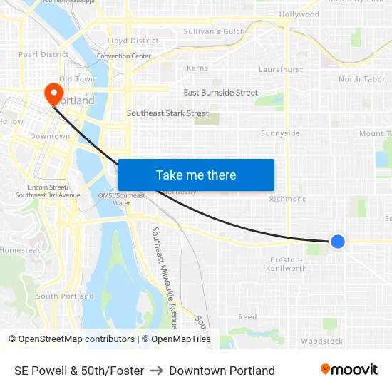 SE Powell & 50th/Foster to Downtown Portland map