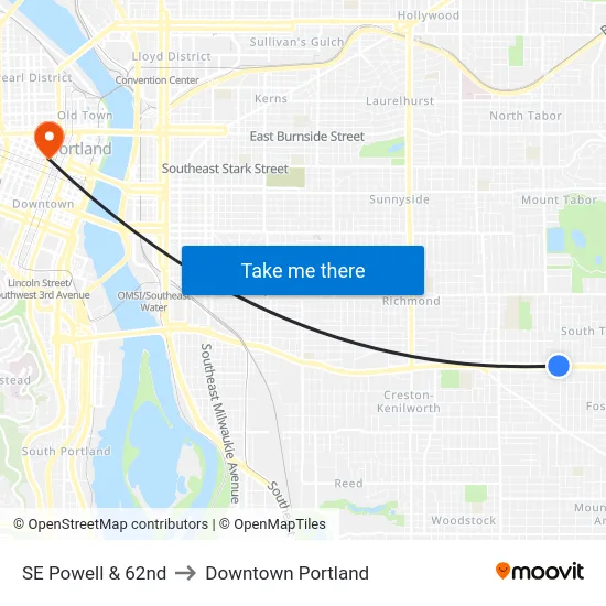 SE Powell & 62nd to Downtown Portland map