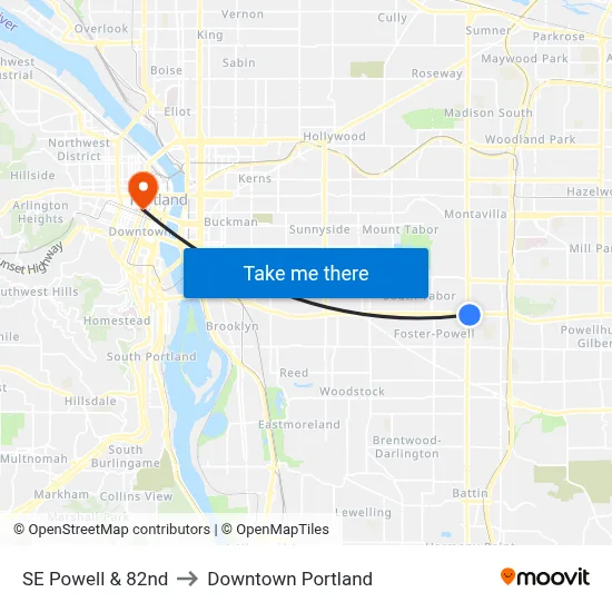 SE Powell & 82nd to Downtown Portland map