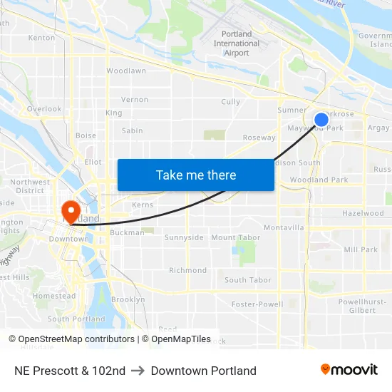NE Prescott & 102nd to Downtown Portland map