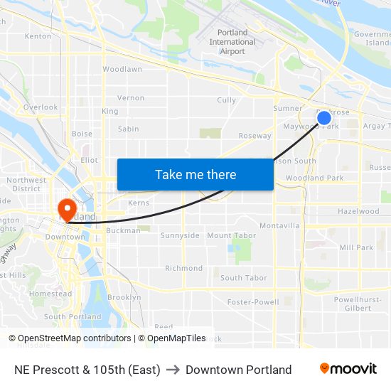 NE Prescott & 105th (East) to Downtown Portland map