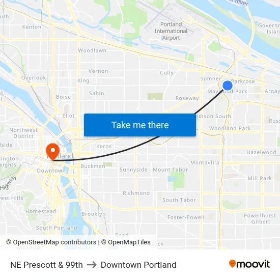 NE Prescott & 99th to Downtown Portland map