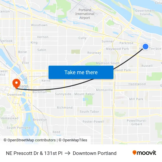 NE Prescott Dr & 131st Pl to Downtown Portland map