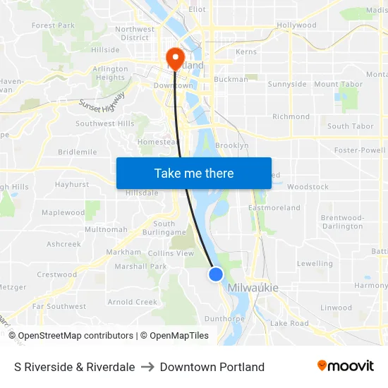 S Riverside & Riverdale to Downtown Portland map