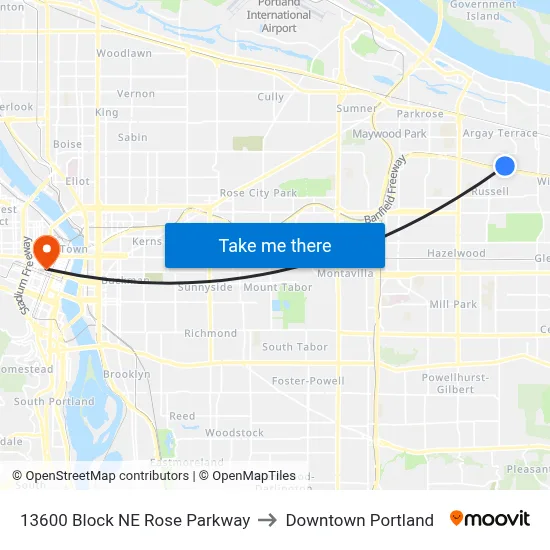 13600 Block NE Rose Parkway to Downtown Portland map