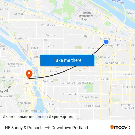 NE Sandy & Prescott to Downtown Portland map
