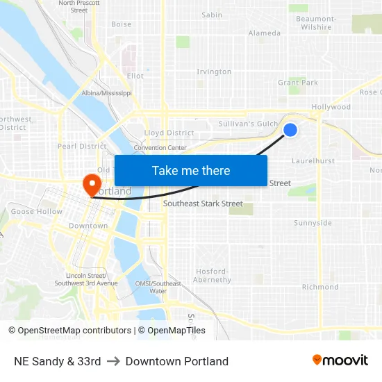 NE Sandy & 33rd to Downtown Portland map